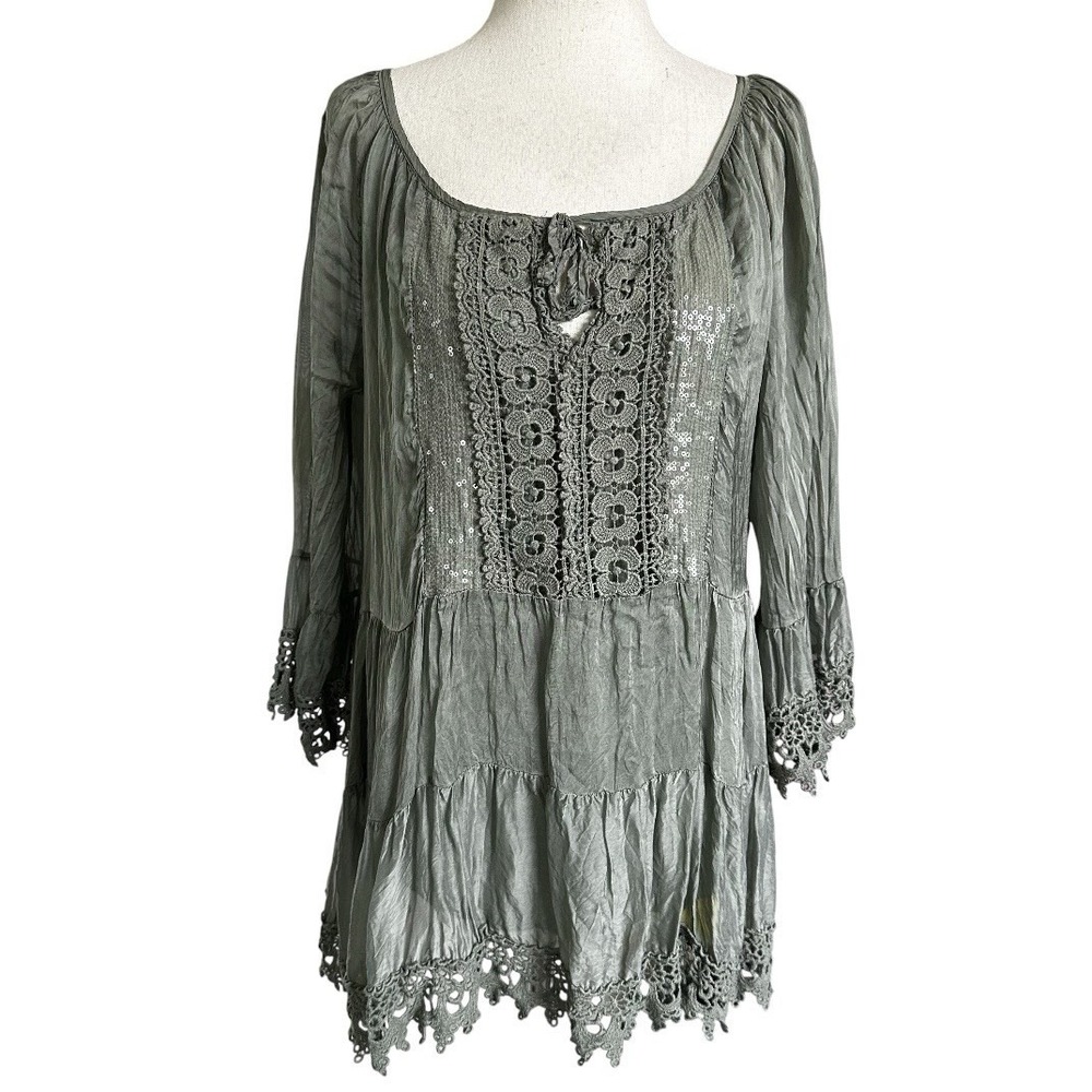 Scandal Italy Juliet Green Silk Blend Crochet Lace Flowy Tie Neck Tunic | 8-23
